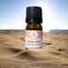 Bottle of Beach Vibes Essential Oil Blend on sandy beach in the bright sunshine with blurred ocean and blue sky in background.